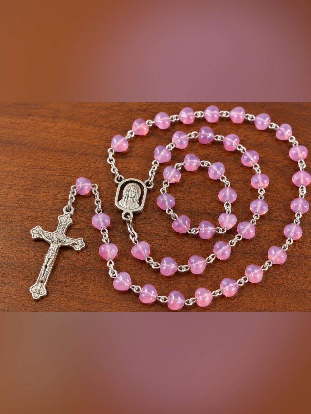 Vintage Pink Heart Bead Rosary Silver Tone Crucifix Catholic Prayer Beads 22”